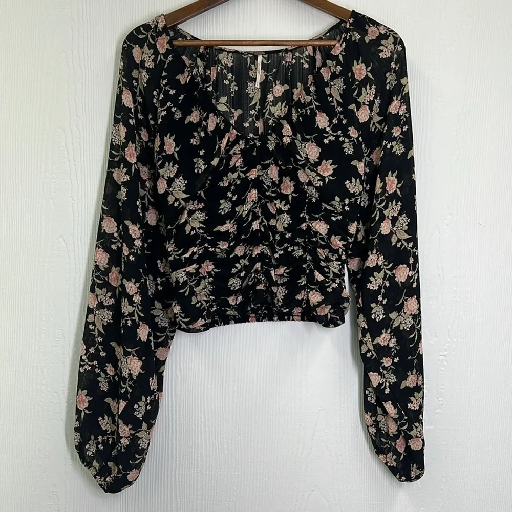 Free People - Final Rose Black Ruched Smocked Long Sleeve Blouse Size Small